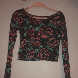 Rose printed crop top long sleeve shirt